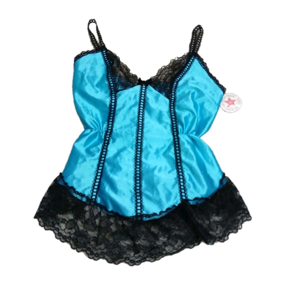Vtg NOS 80s Symmetry Fashions Blue Satin Lace Lingerie Babydoll Camisole Top M‎